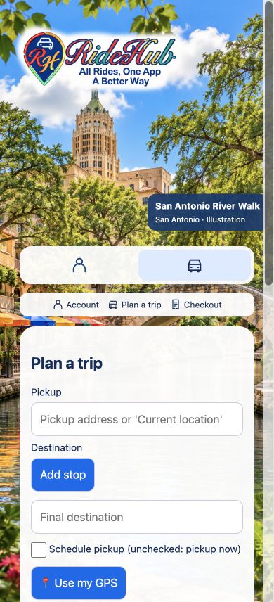 RidezHub mobile design preview with River Walk background